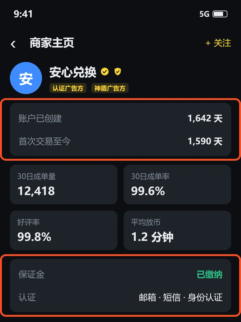 商家主页:框出的是账户创建时间和保证金状态,做得越久越好