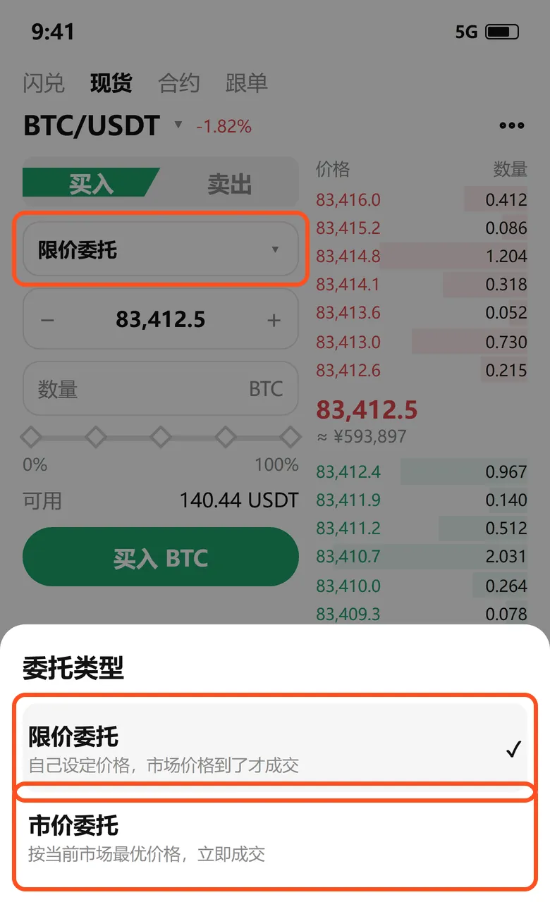 欧易现货交易页的委托类型：限价委托是自己设定价格，市价委托按当前最优价格立即成交