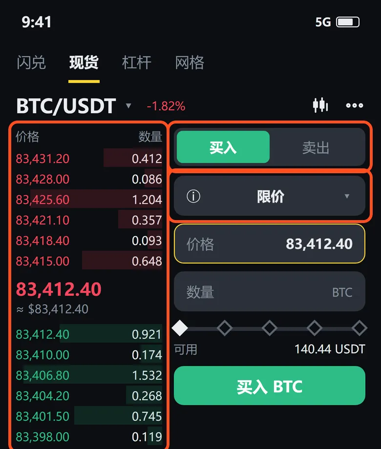 现货交易页：左框是盘口，右上是买入/卖出，下面是订单类型