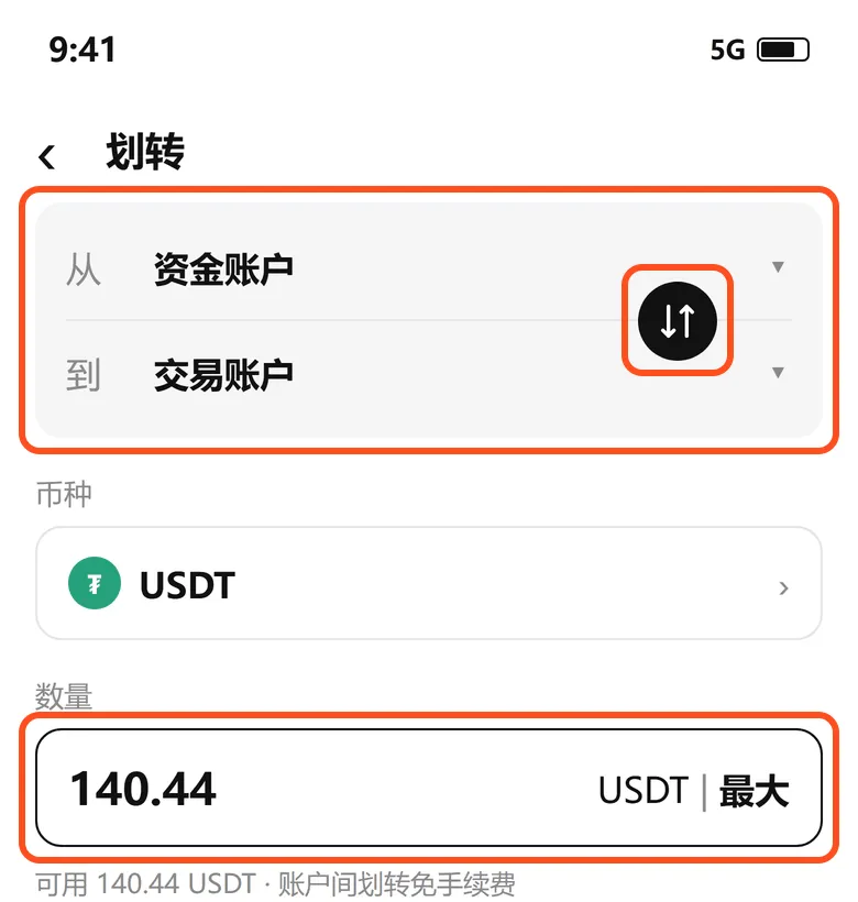 欧易划转页：从资金账户到交易账户，方向反了点中间切换，数量点最大