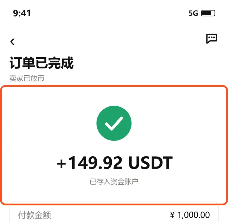 订单已完成：149.92 USDT 已存入资金账户
