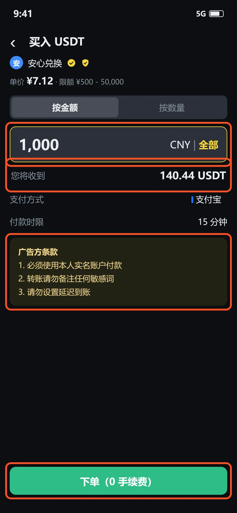 买入 USDT 下单页:框出的是金额、预计收到的 USDT、广告方条款和「下单」按钮
