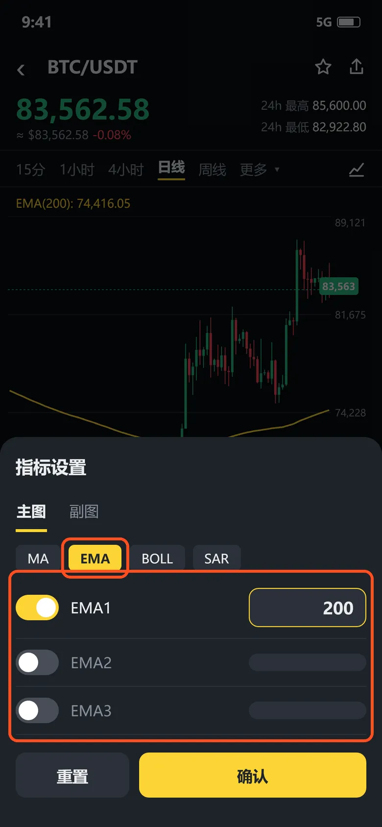 指标设置:主图选 EMA,只开 EMA1,周期填 200