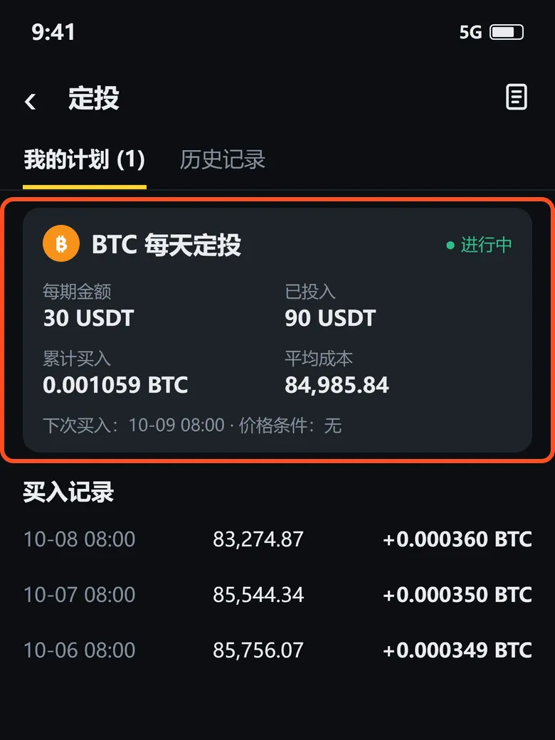 定投计划页:BTC 每天定投,显示每期金额、已投入、累计买入、平均成本和买入记录