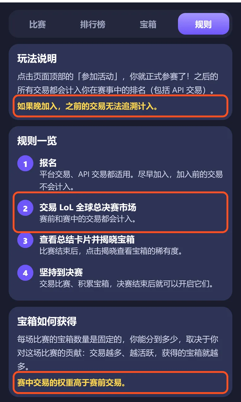 活动规则页:框出「如果晚加入,之前的交易无法追溯计入」、交易 LoL 全球总决赛市场赛前和赛中都计入、赛中交易的权重高于赛前交易