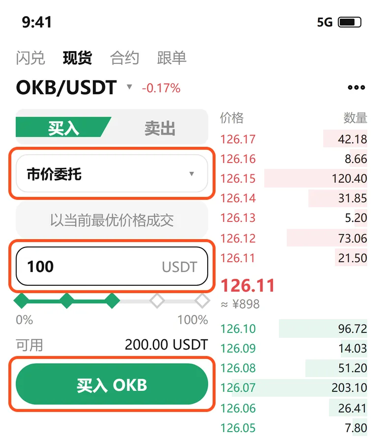 市价委托：金额填 100 USDT，点买入 OKB