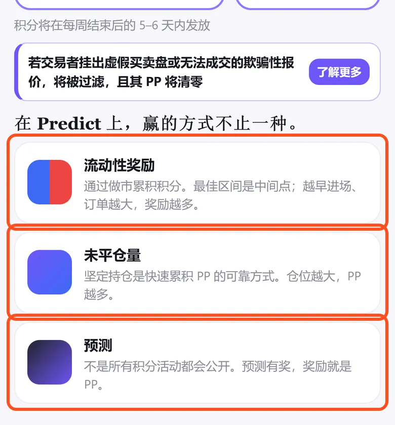 Predict 积分页的三个 PP 来源:流动性奖励、未平仓量、预测,三张卡片都被框出
