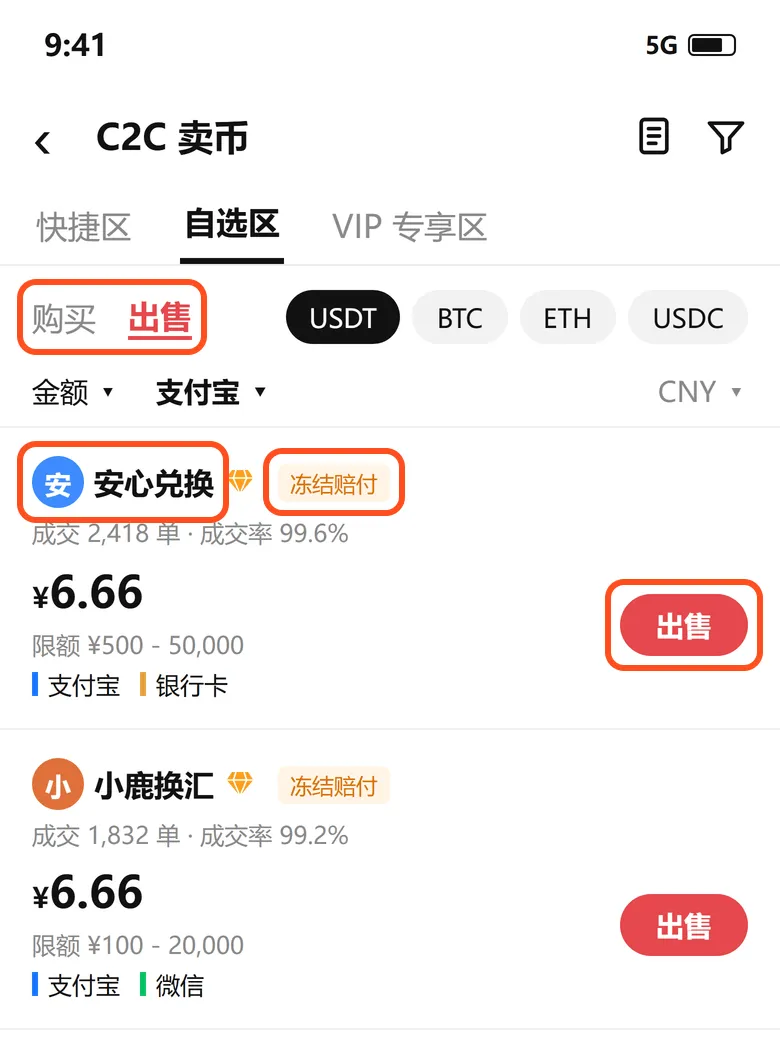 C2C 卖币页:切到出售,商家名字旁边有冻结赔付标签,点红色出售按钮