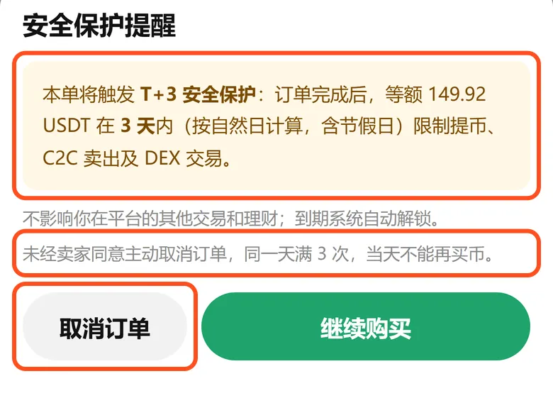 欧易下单时的安全保护提醒:本单将触发 T+3,3 天内限制提币、C2C 卖出和 DEX 交易,可以取消订单