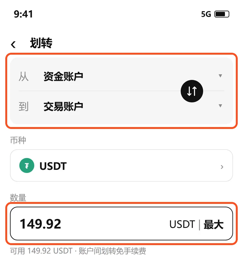 欧易划转页:被 T+N 锁定的 149.92 USDT 也能从资金账户全部划转到交易账户