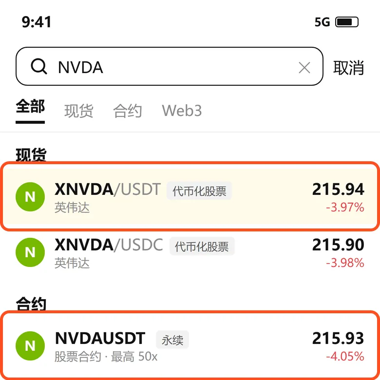 欧易搜索 NVDA:现货是 XNVDA 代币化股票,合约是 NVDAUSDT 永续