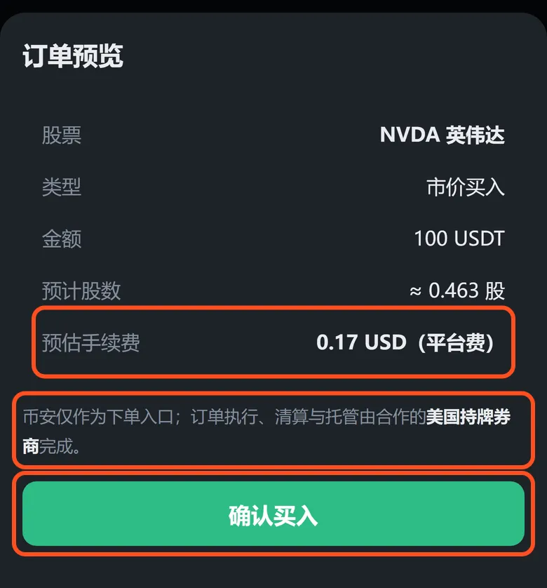 订单预览:预估手续费 0.17 美元,执行和托管由美国持牌券商完成