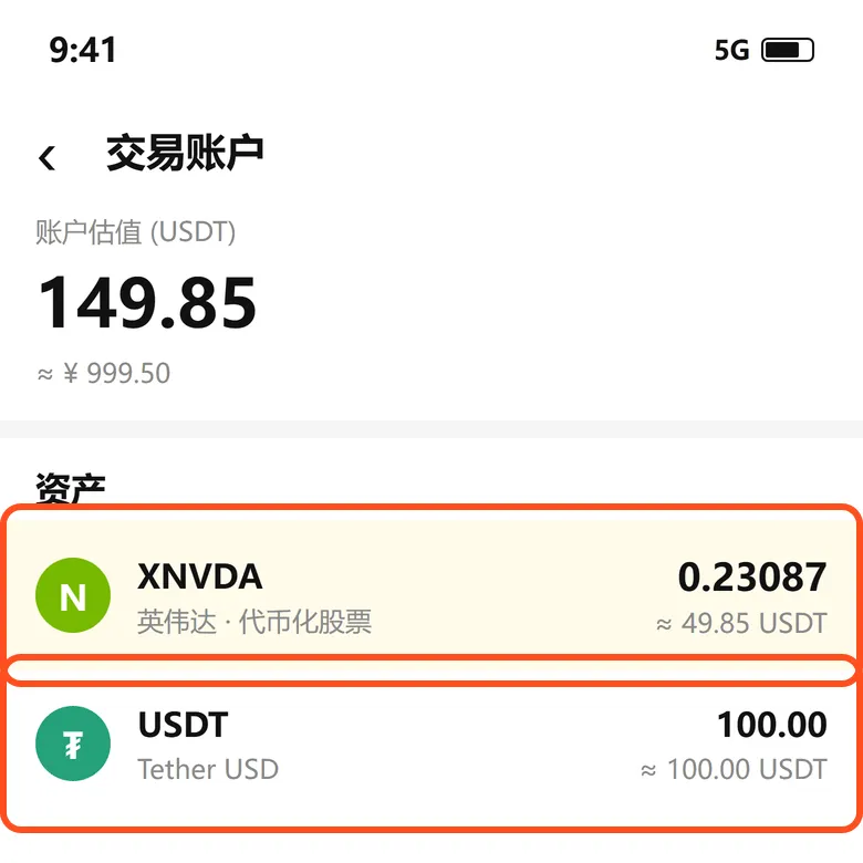 欧易交易账户:XNVDA 0.23087 份,USDT 还剩 100
