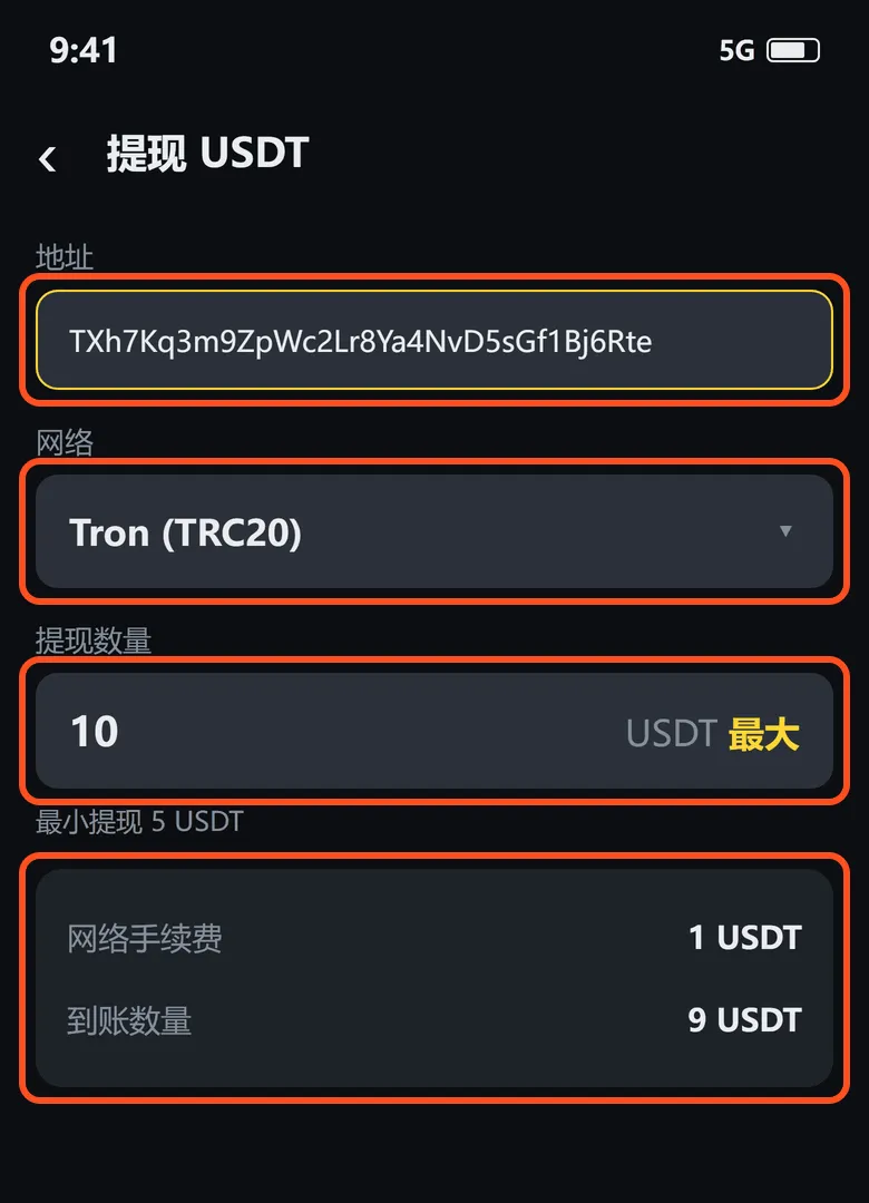 提现 USDT 表单:地址、网络 Tron (TRC20)、数量 10、网络手续费 1 USDT 和到账 9 USDT 已框出