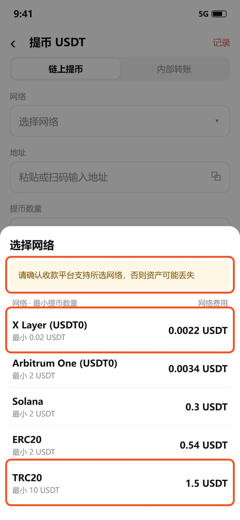 选择网络:X Layer 网络费 0.0022 USDT,TRC20 要 1.5 USDT,顶部提示收款平台须支持该网络